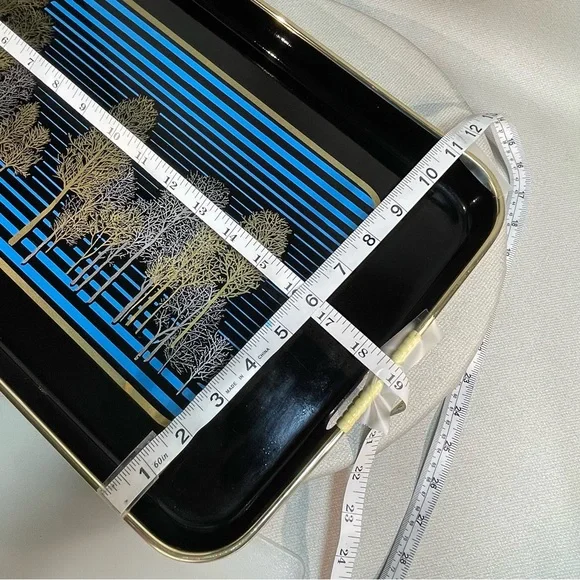Japan Lacquerware Black Blue Tray Gold Leafing Trees Srednick Collection Forest - Picture 8 of 13